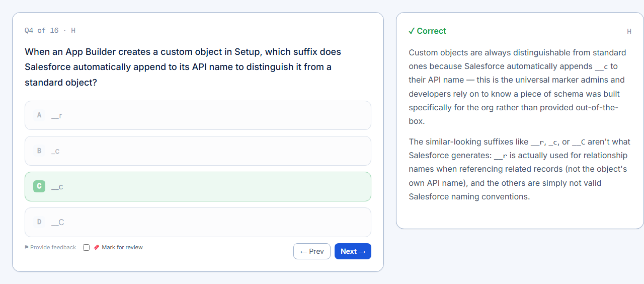 A practice question answered correctly, with a full in-depth explanation shown right beside it
