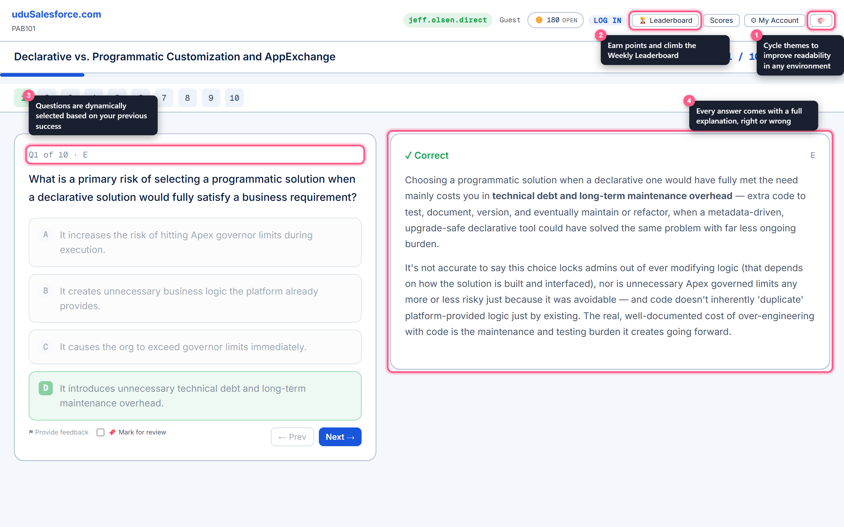 The full quiz interface, with callouts pointing out the theme toggle, the Weekly Leaderboard, adaptive question selection, and the in-question explanation panel